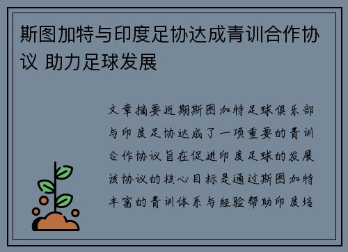 斯图加特与印度足协达成青训合作协议 助力足球发展