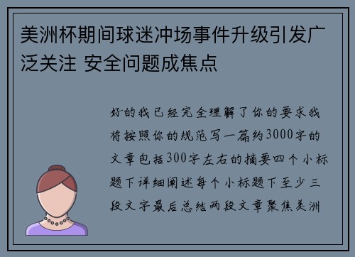 美洲杯期间球迷冲场事件升级引发广泛关注 安全问题成焦点