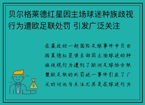 贝尔格莱德红星因主场球迷种族歧视行为遭欧足联处罚 引发广泛关注 贝尔格莱德红星因主场球迷种族歧视行为遭欧足联处罚 引发广泛关注